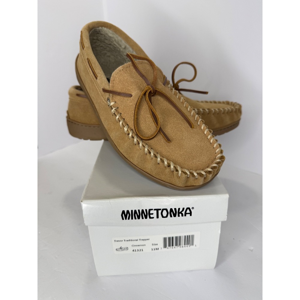 Minnetonka Trevor Trapper Faux Fur Moccasins Men 11 Leather Slippers Cozy Gift‎